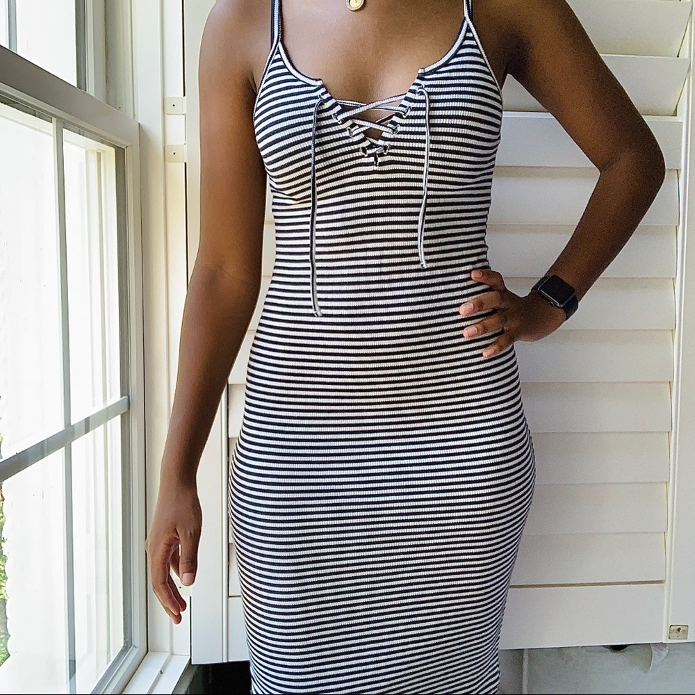 Topshop Black & White Striped Ribbed Dress